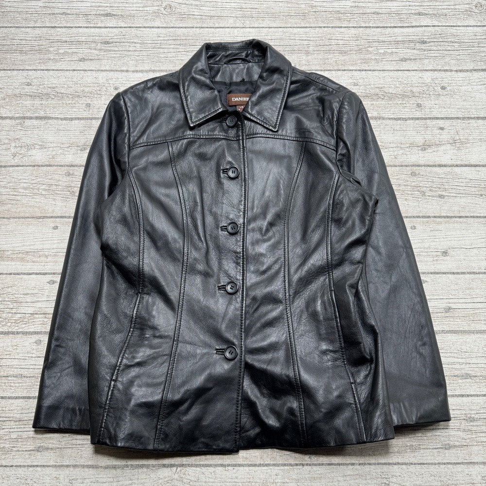 Danier Leather Jacket Women's Large Black Genuine Leather Button Front Tailored